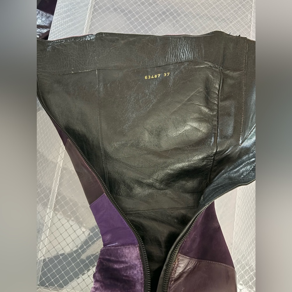 Purple patch work shoes for larger calf legs.